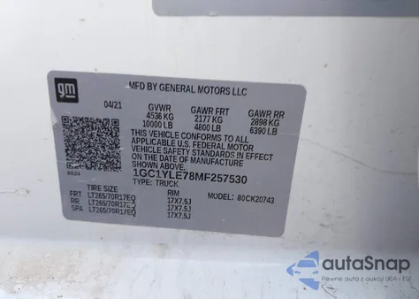 2021 Chevrolet Silverado 2500Hd 4Wd Standard Bed Wt из США, поврежденный, VIN 1GC1YLE78MF257530